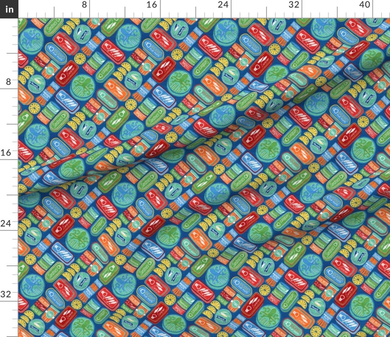 Canned Seafood Tuna Sardines Blue Green Red Orange Clams Anchovies Lemon Custom Printed Fabric by Spoonflower Various Fabrics by the Yard or Fat Quarter